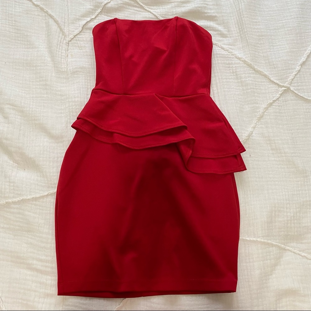 Red Asymmetrical Strapless Bodycon Dress